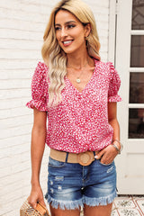 Pink Abstract Print Casual V Neck Ruffle Sleeve Blouse