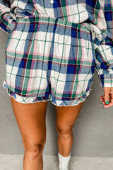 Blue Plaid Print Shirt and Frill Trim Shorts Pajama Set