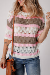 Brown Stripe Color Block Hollow Crochet Sweater