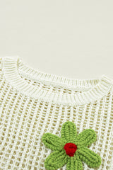 White Hollowed Crochet Colorful Flower Loose Knit T Shirt