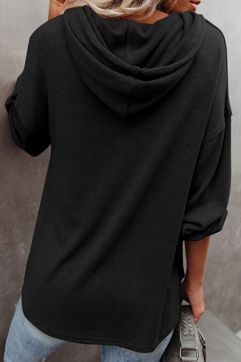 Black Button Front Pullover Hooded Sweatshirt