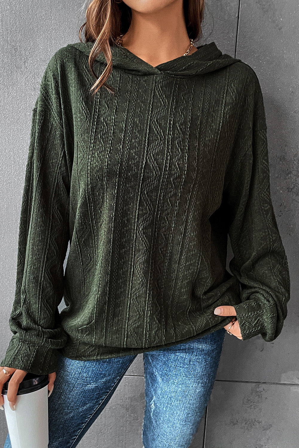 Duffel Green Casual Ribbed Knit Hooded Sweatshirt