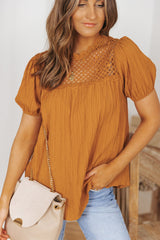 Orange Textured Lace Crochet Casual Keyhole Puff Sleeve Blouse