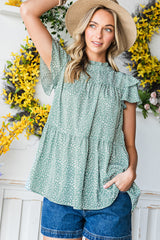 Pastel Green Cheetah Print Tiered Ruffle Sleeve Babydoll Blouse