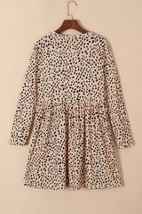 Khaki Crew Neck Long Sleeve High Waisted Leopard Print Dress