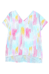 Multicolor Abstract Print V Neck Short Sleeve Dolman Blouse