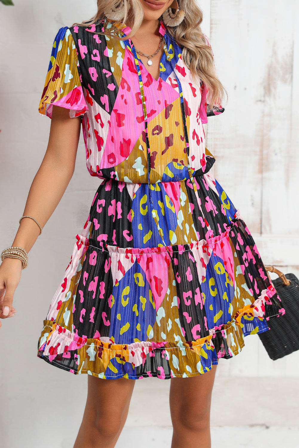 Rose Leopard Short Sleeve Tiered Ruffle Mini Dress