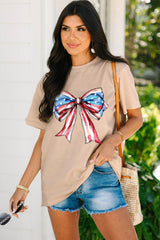 Khaki American Flag Bow Knot Graphic Round Neck T Shirt