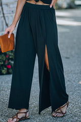 Black Casual Side Slit Mid Waist Wide Leg Pants