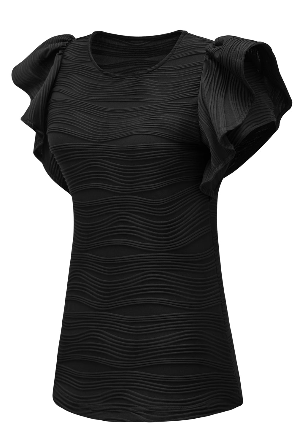 Black Plain Wavy Textured Ruffle Sleeve Blouse