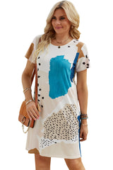 Tie Dye and Spotted Print Color Block Casual T Shirt Summer Dress