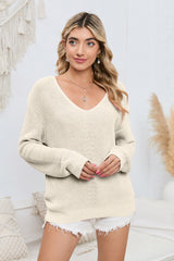 Beige Basic Ribbed Knit V Neck Sweater