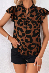 Brown Leopard Print Split Neck Ruffle Flutter Sleeve Blouse