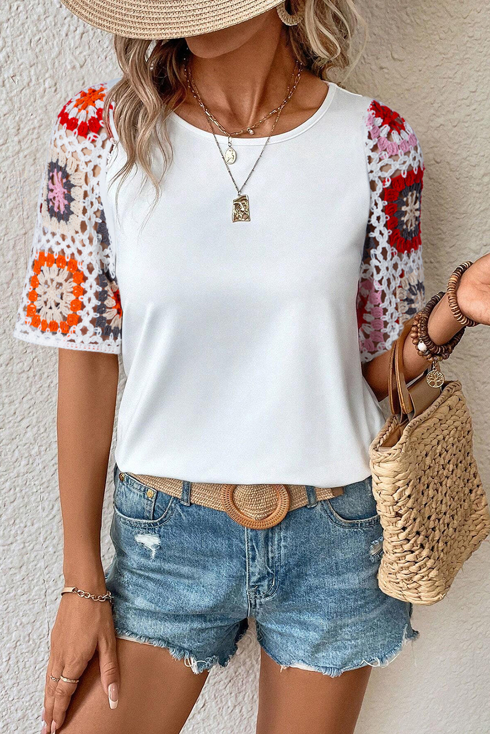 White Floral Hollowed Crochet Sleeve Boho T Shirt