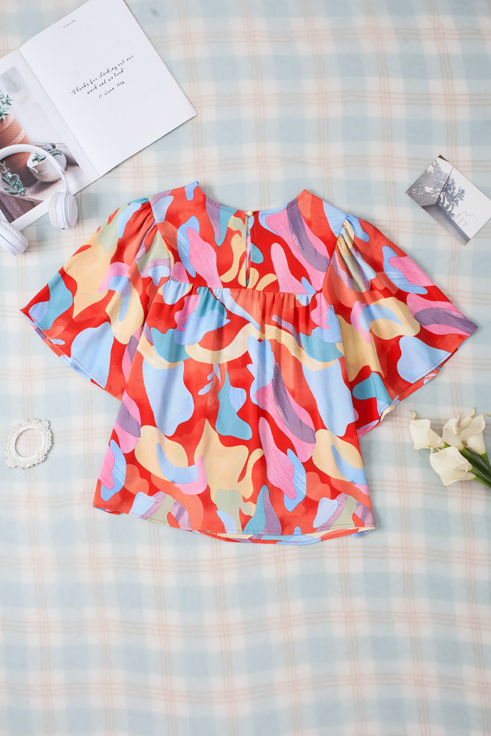 Multicolor Abstract Print Flounce Sleeve Blouse