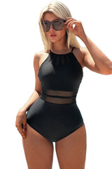 Black Mesh Patchwork Adjustable Straps One Piece Swimsuit