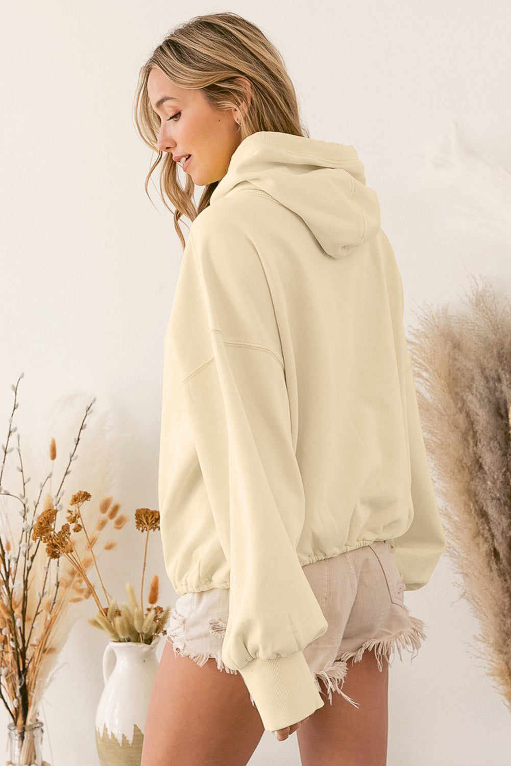 Solid Color Half Zip Pullover Hoodie with Kangaroo Pocket