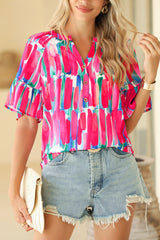 Rose Abstract Brushwork Print Buttoned V Neck Blouse