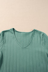 Grass Green Ruffled Short Sleeve V Neck Textured Blouse