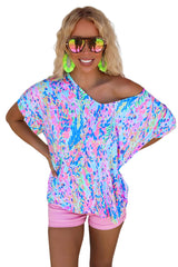 Pastel Blue Abstract Floral Print Short Sleeve V Neck T Shirt