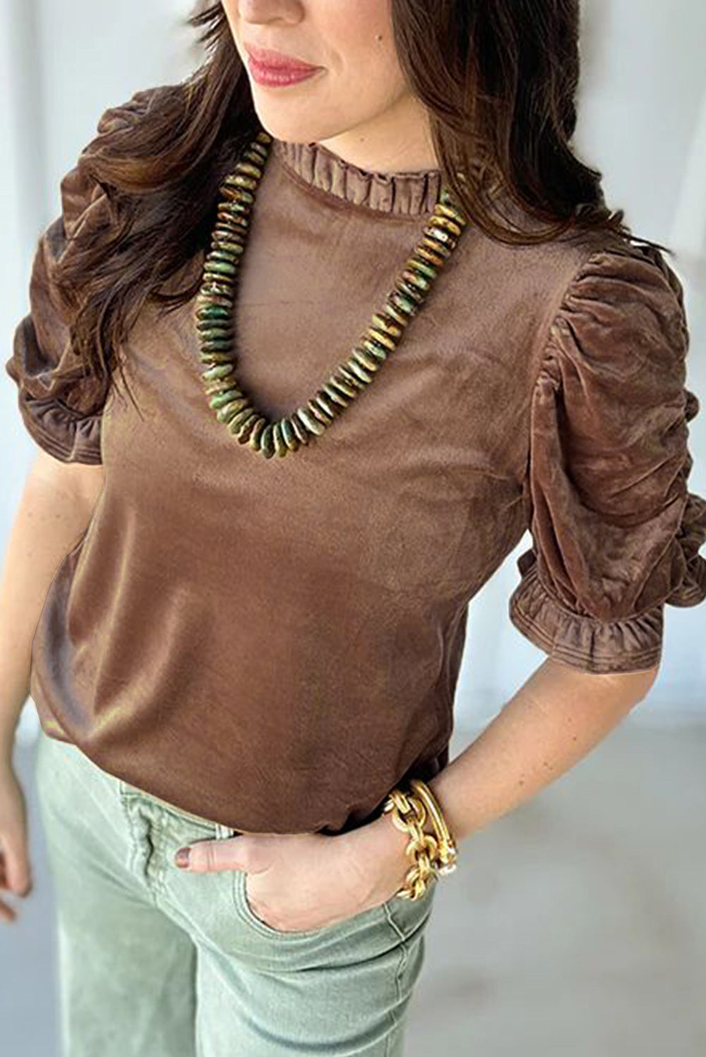 Camel Ruched Puff Sleeve Frilled Neck Velvet Blouse