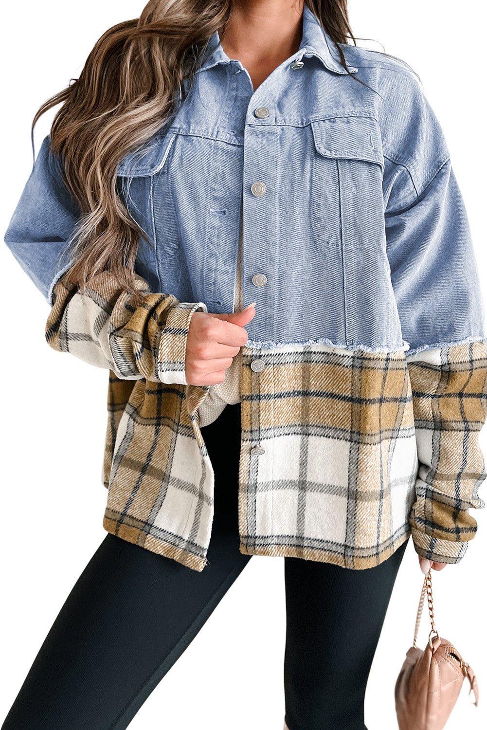 Khaki Plaid Patchwork Buttoned Denim Jacket