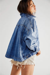 Dark Blue Washed Oversized Pocketed Denim Jacket