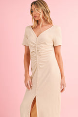 Beige V Neck Ruched Button Front Midi T Shirt Dress