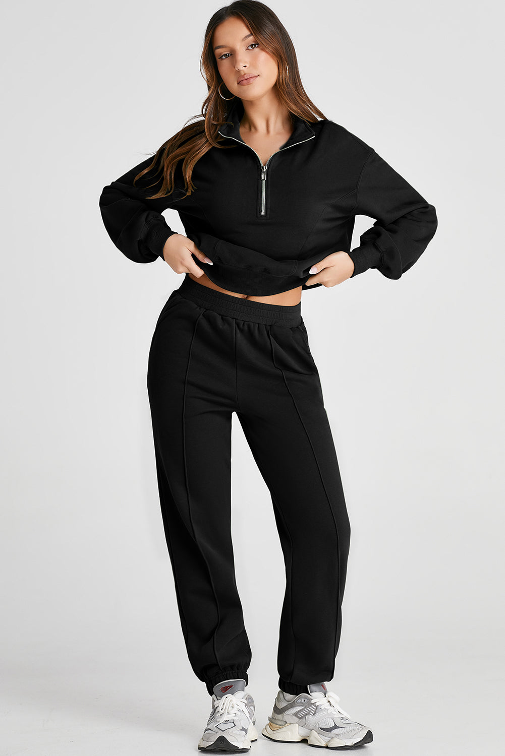 Black Solid Color Half Zip Up Pullover Top and Jogger Set