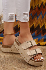 Beige Suede Buckle Decor Corky Platform Slides Shoes