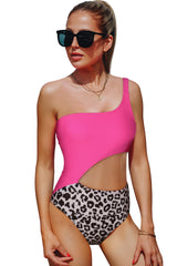 Rose Leopard Asymmetric One Piece Swimsuit