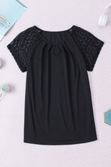 Black Lace Sleeve Keyhole Smocked Detail Blouse