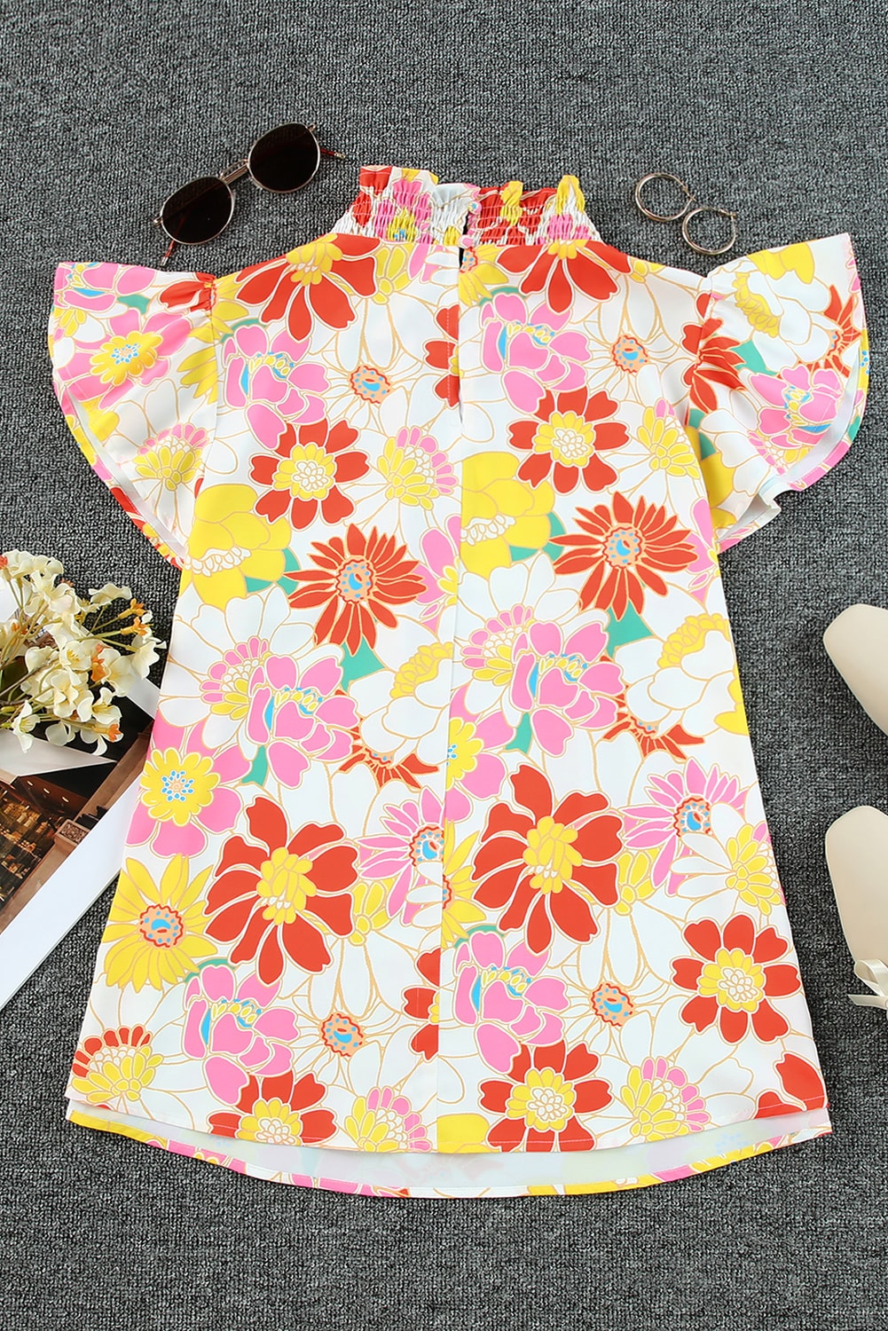 Multicolor Stand Collar Flutter Sleeves Floral Top