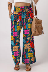 Green Floral Print Smocked Waist Loose Pants