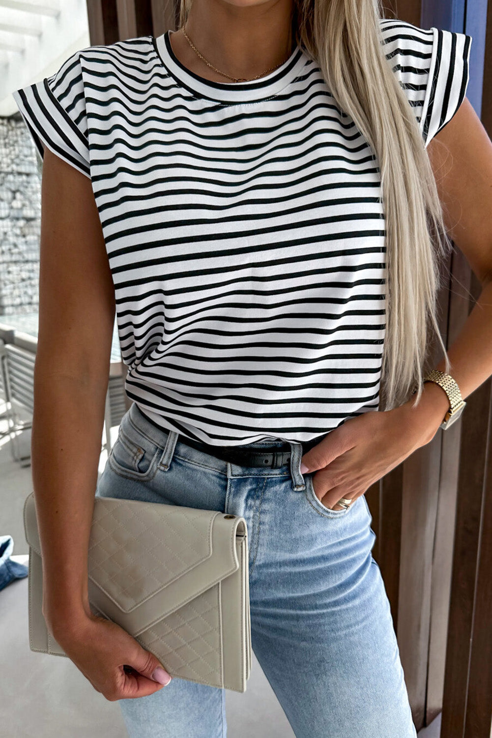 White Striped Cap Sleeve Crew Neck T Shirt