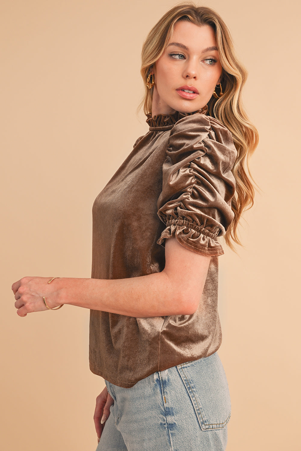 Camel Ruched Puff Sleeve Frilled Neck Velvet Blouse