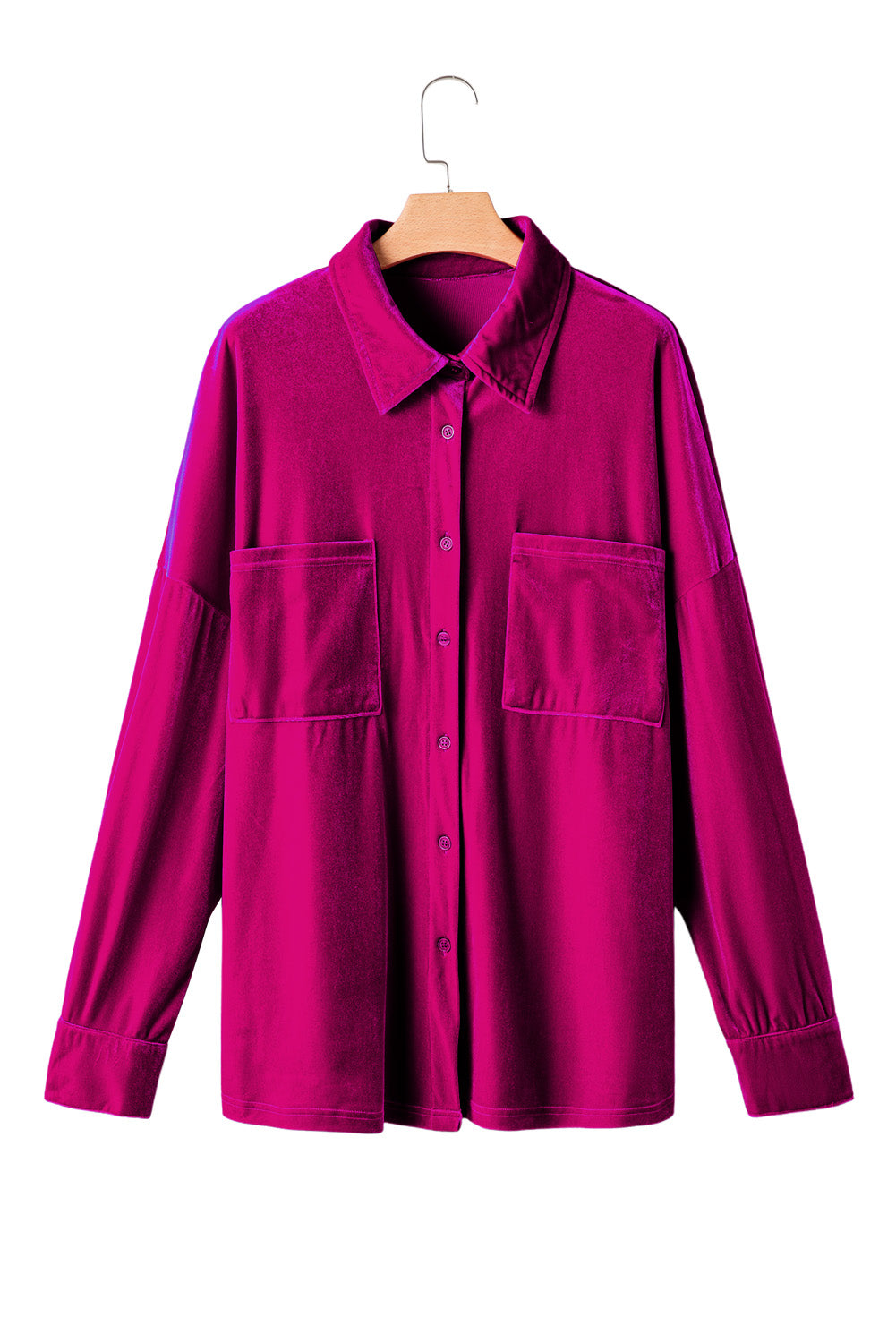 Bright Pink Plus Size Velvet Chest Pocket Drop Shoulder Shirt