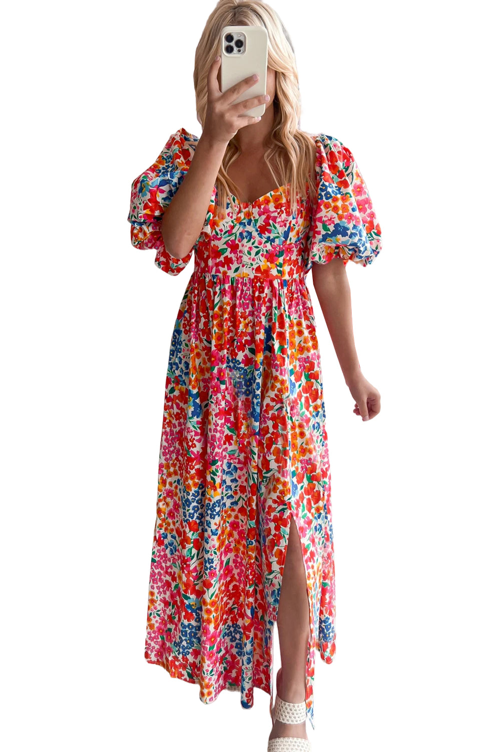 Rose Puff Sleeve Thigh High Split Floral Maxi Dress