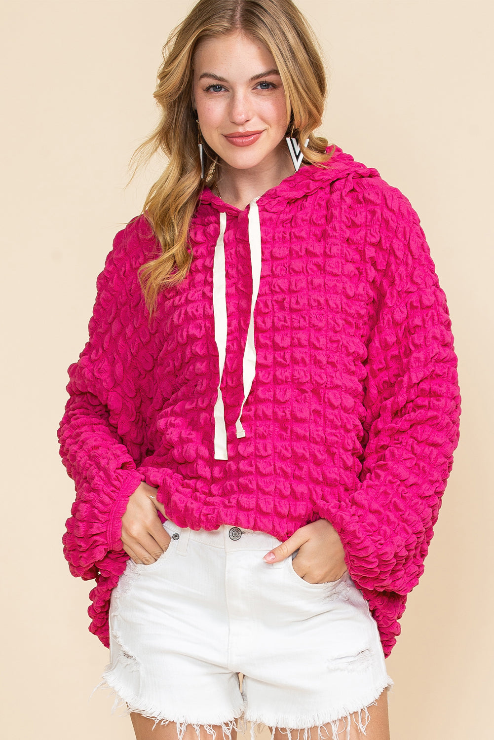 Rose Textured Drawstring Pullover Hoodie