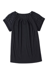 Black Lace Sleeve Keyhole Smocked Detail Blouse