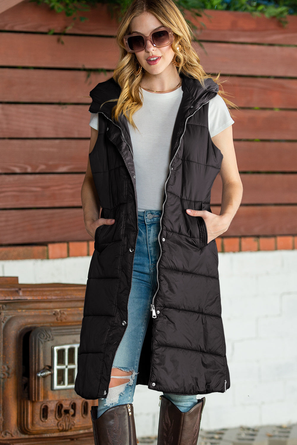 Black Hooded Pocketed Quilted Long Vest Coat