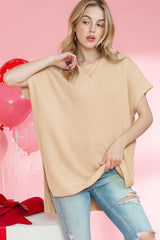 Wholesale Apricot Side Slit Short Sleeve Oversized Sweater