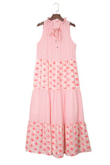 Pink Abstract Print Patchwork Sleeveless V Neck Tiered Dress