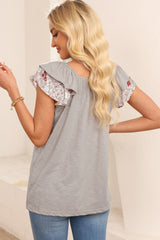 Gray Floral Print Patchwork Square Neck Ruffle Sleeve Blouse