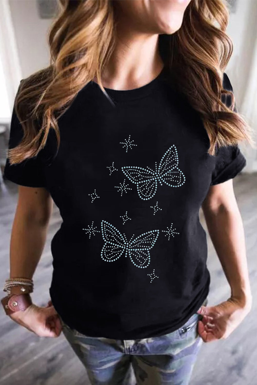 Black Glittering Rhinestone Butterfly Graphic T Shirt