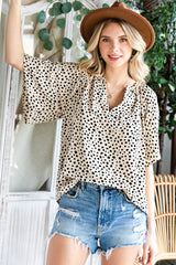 Cheetah Notch V Neck Casual Ruffle Sleeve Blouse