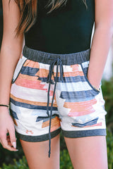 White Casual Geometric Print Drawstring Waist Shorts