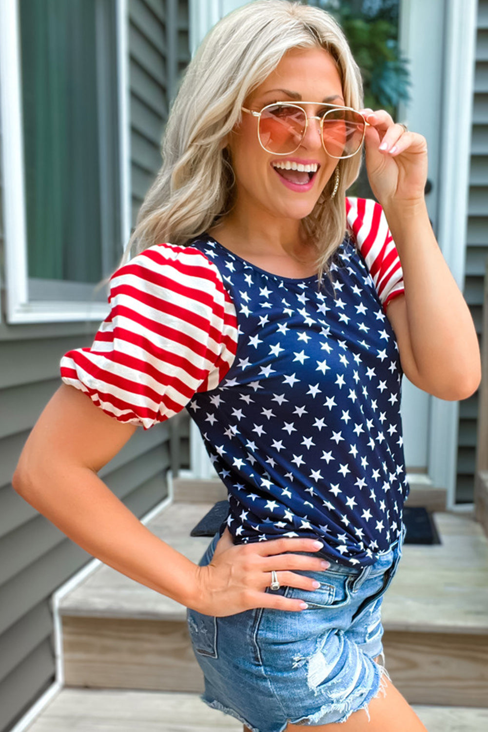 Navy Blue 4th Of July Stars & Striped Print T Shirt