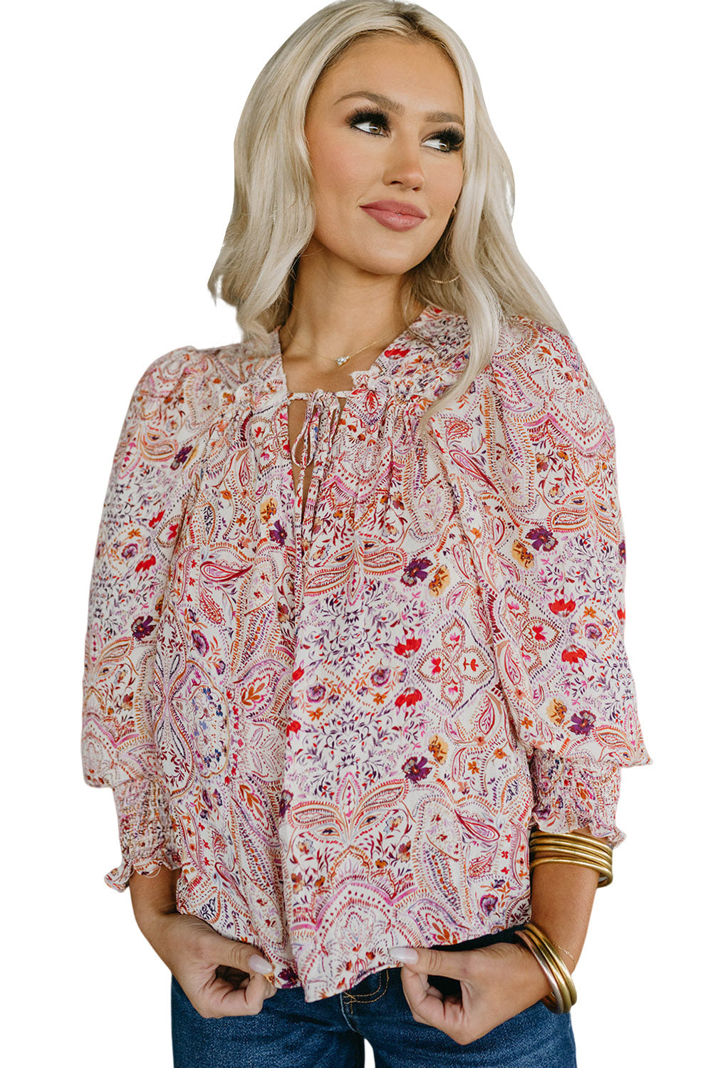 Red Boho Paisley Print Shirred Cuffs Blouse