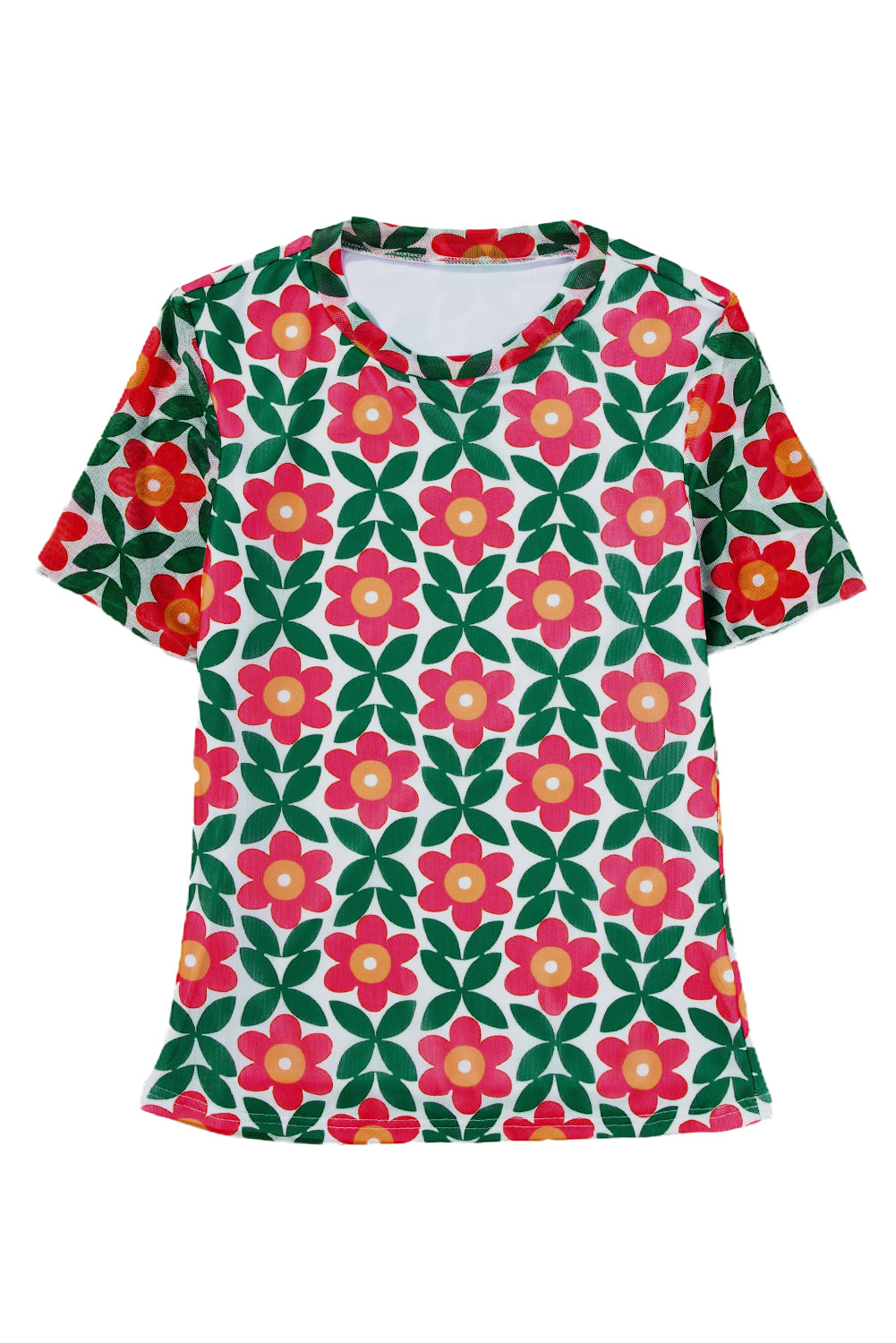 Fiery Red Retro Floral Print Crew Neck T Shirt